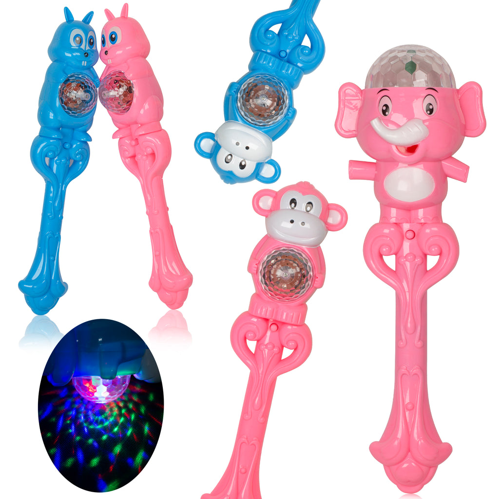 PROLOSO 3PCS Light Up Elephant Spinning Wand with Sound Effect Glow in The Dark Party Favor Adorable Monkey Squirrel Magic Music Wands for Toddlers Flashing Toys