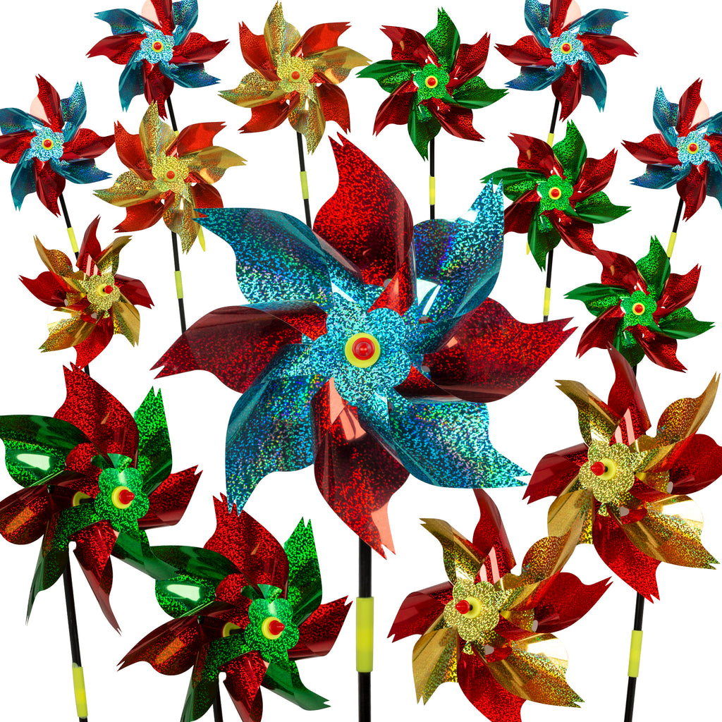 PROLOSO 15PCS Holographic Reflective Mylar Pinwheel Scare Birds Away Garden Sparkly Metallic Pin Wheel Critters Deterrent Decorative Windmill Spinners for Outside Yard Patio Pool