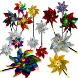 PROLOSO 16PCS Sparkly Reflective Holographic Mylar Pinwheels with Stakes Scare Birds Keep Animals Away Blinder Repellent Devices Shiny Windmill Spinner Critters Deterrent for Garden and Pool