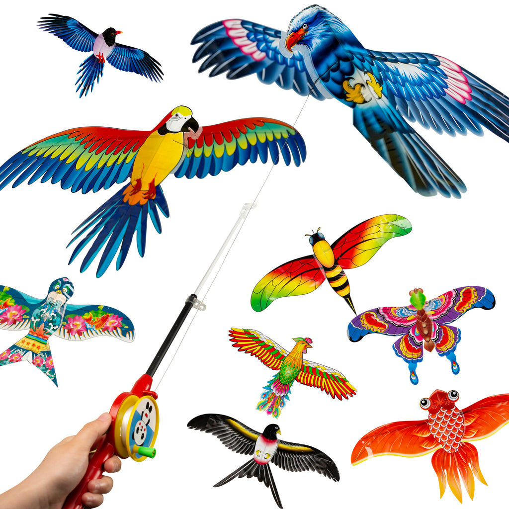 PROLOSO Mini Bird Kite with Fishing Rod Vivid Butterfly Bee Easy to Fly Swallow Kites for Toddlers Outdoor Beach Park Beginner Kids Kites Toy 9 Sets