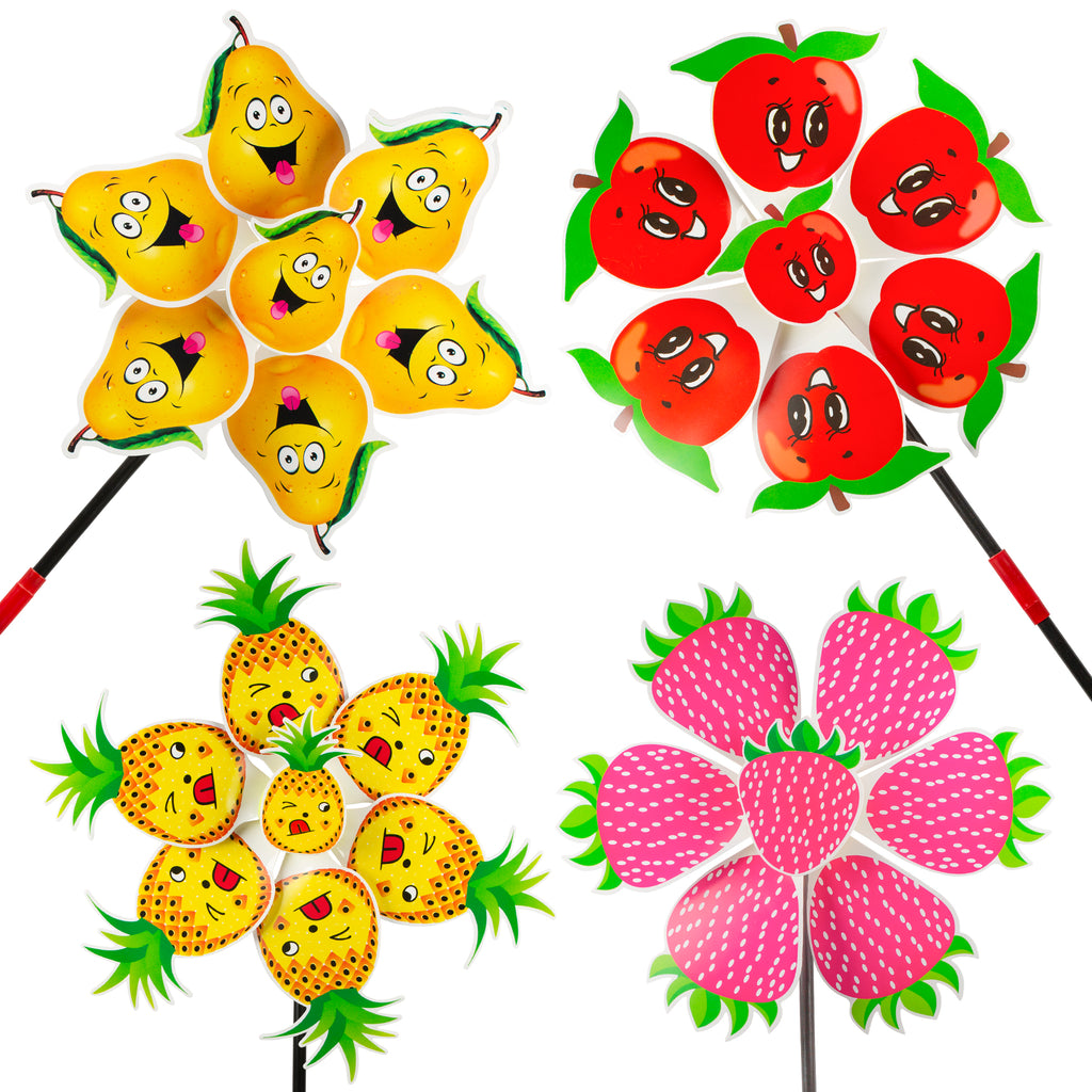 PROLOSO 12PCS Colorful Fruit Pattern Pinwheels Cute Cartoon Paper Whirligig DIY Handheld Windmill Spinners Toys for Kids Birthday Party Favor Outdoor Yard Garden Decor