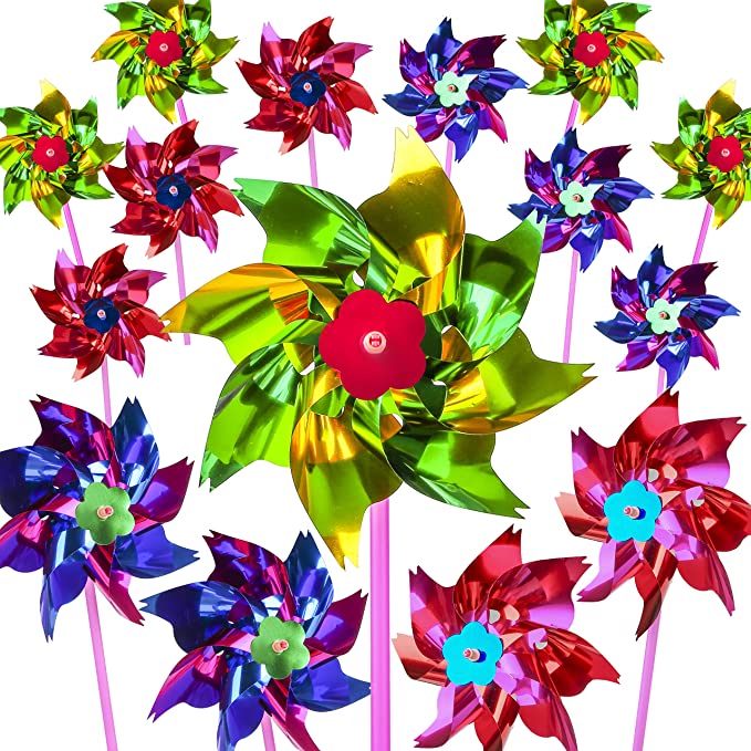 PROLOSO 50PCS Metallic Pinwheels for Kids Party Favors DIY Lawn Windmill Set Colorful Pinwheels for Yard and Garden