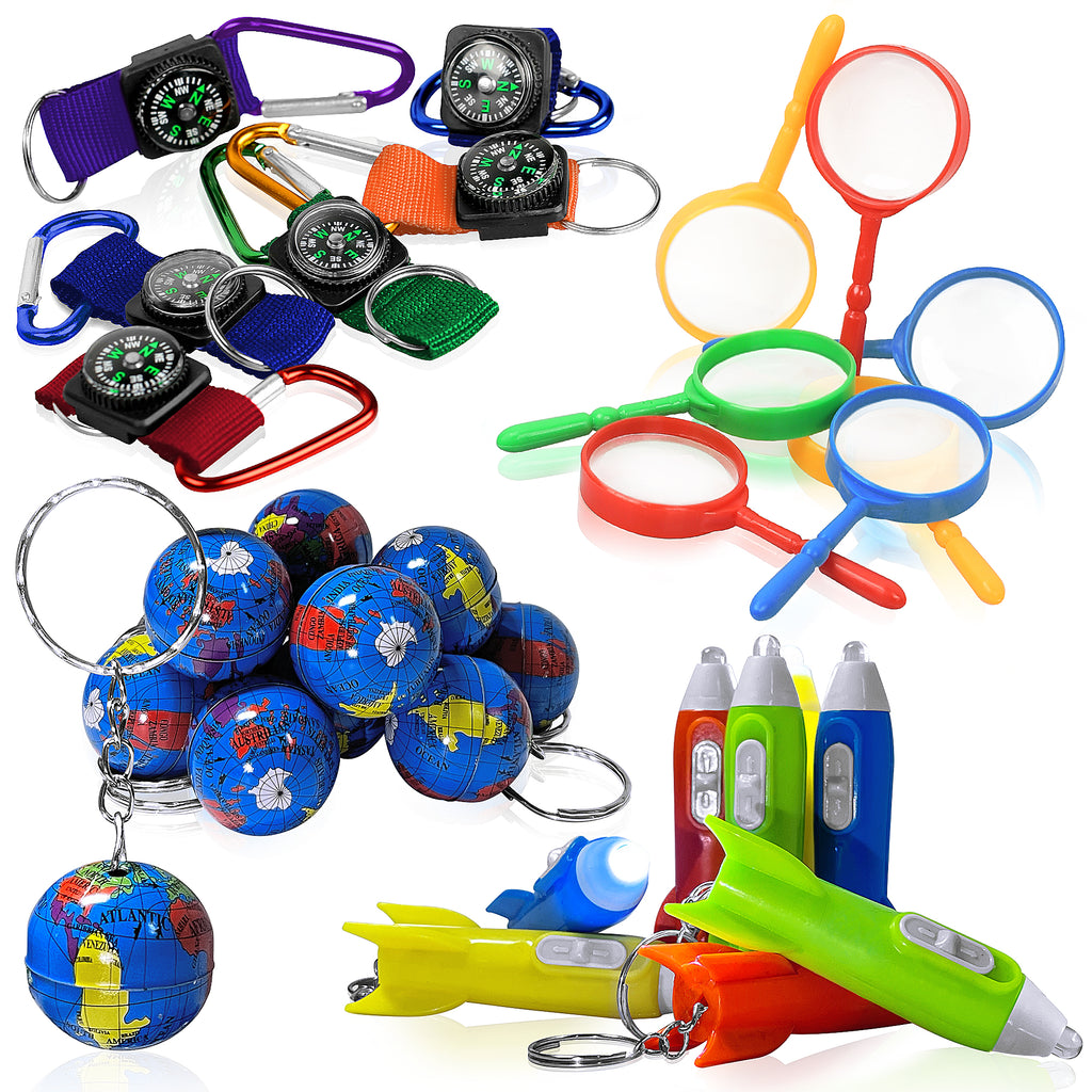 PROLOSO Outdoor Explorer Kit for Boys and Girls Colorful Compass Carabiner Kids Magnifying Glass Mini Rocket Flashlight Globe Keychain Camping Adventure Educational Toys Bulk 48PCS