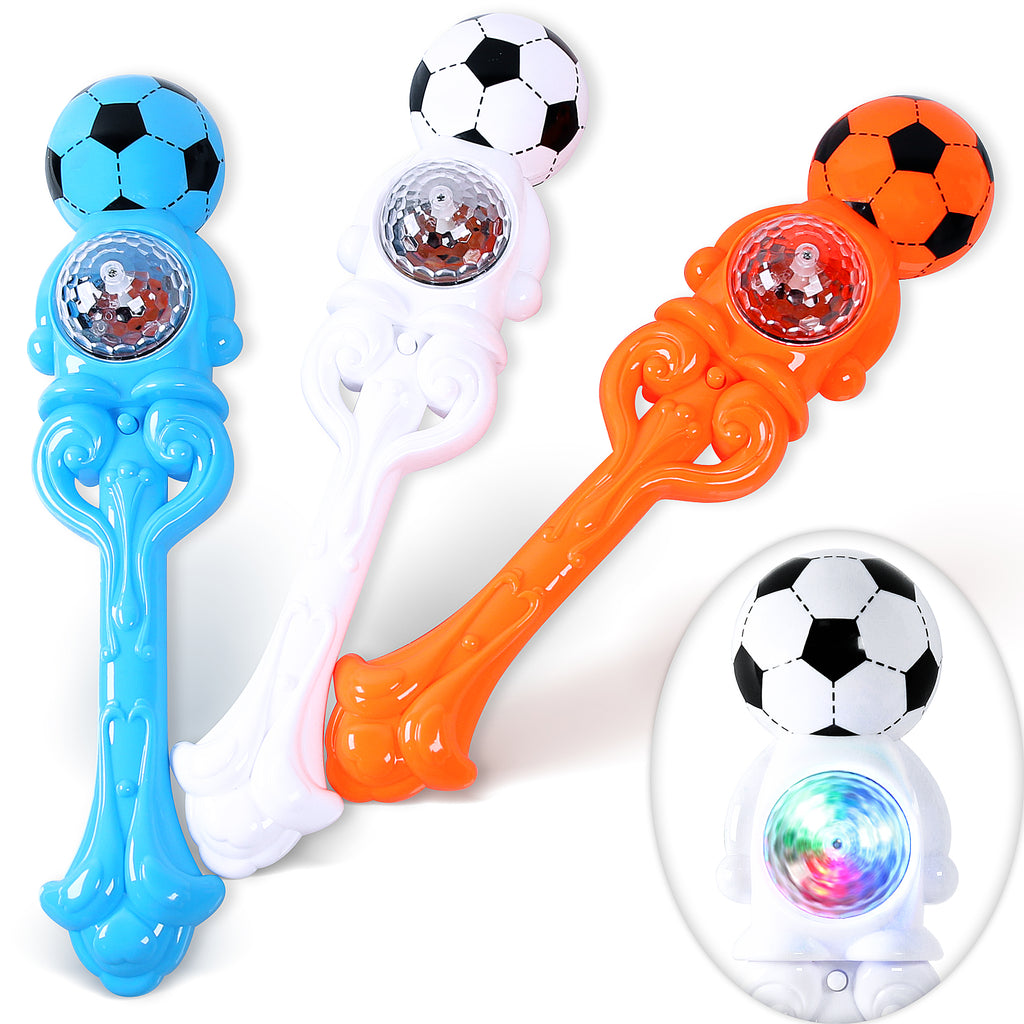 PROLOSO Glow in the Dark Spinning Magic Wand with Sound Effect Soccer Themed Party Favor Kids Handheld Light Up Wand Toy 3PCS