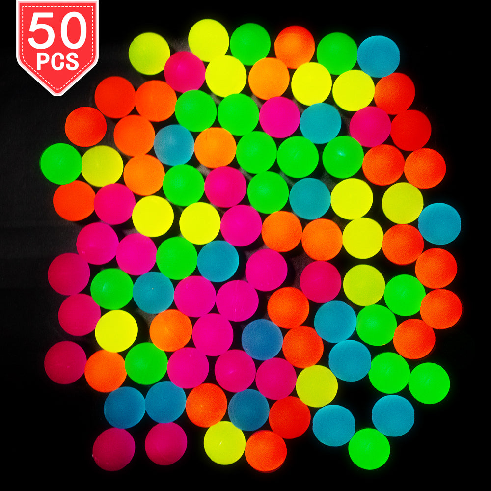 PROLOSO 50 Pcs Bouncy Balls Glow in The Dark Bouncing Rubber Pet Toys Bright Neon Colors 1.25"