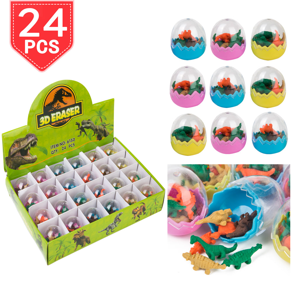 PROLOSO 24 Pcs Dinosaur Erasers Mini Eggs Animal Pencil Erasers Toys for Kids
