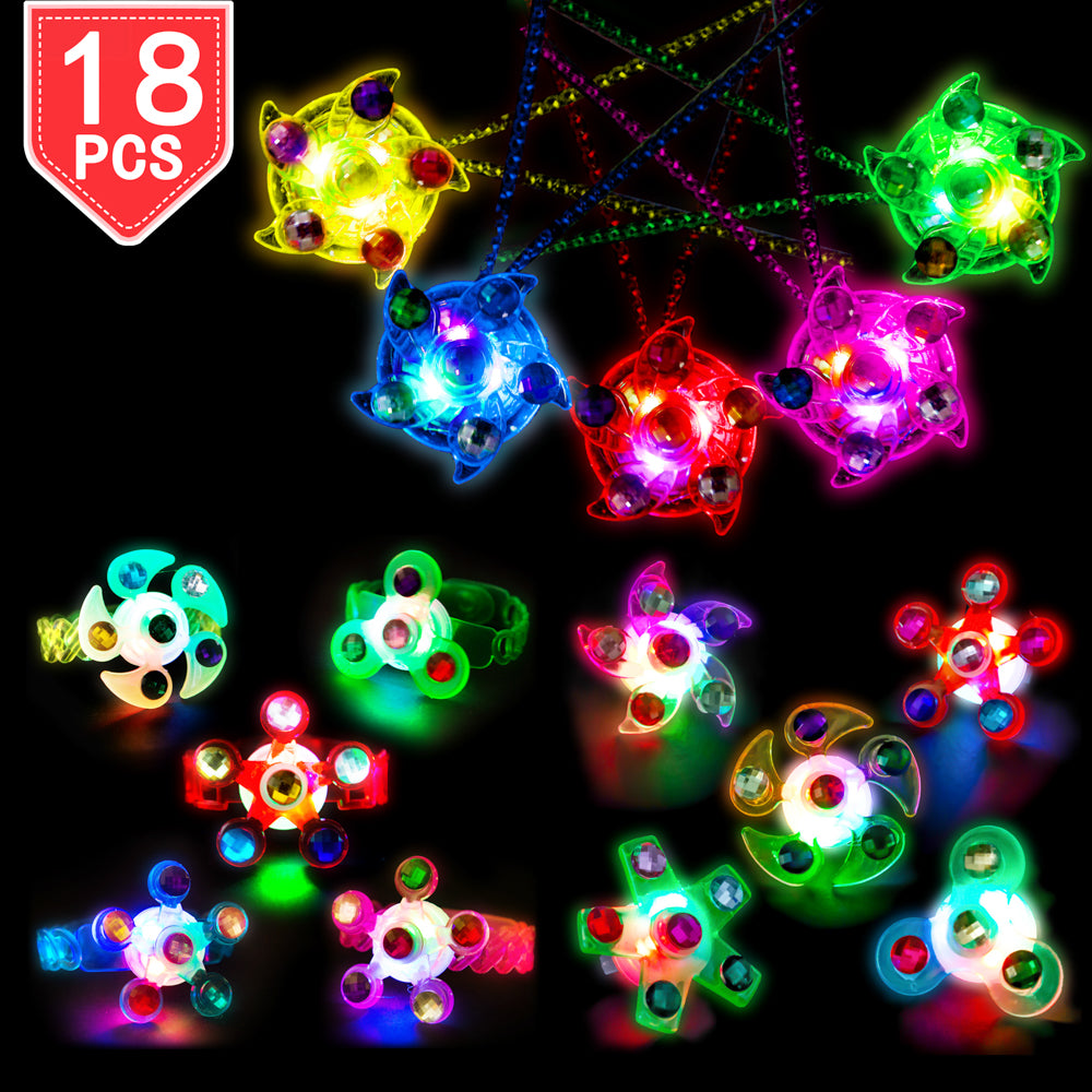 PROLOSO Light Up LED Rings Necklaces Bracelets with Gyro Fidget Spiral Twister Toys Glow In The Dark Party Favors Pack of 18