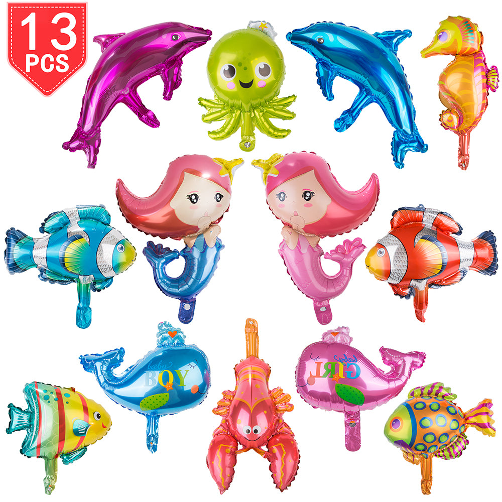 PROLOSO Foil Animal Balloons Aluminum Sea Creatures Tropical Fish Mylar Self-Sealing Party Pack of 13