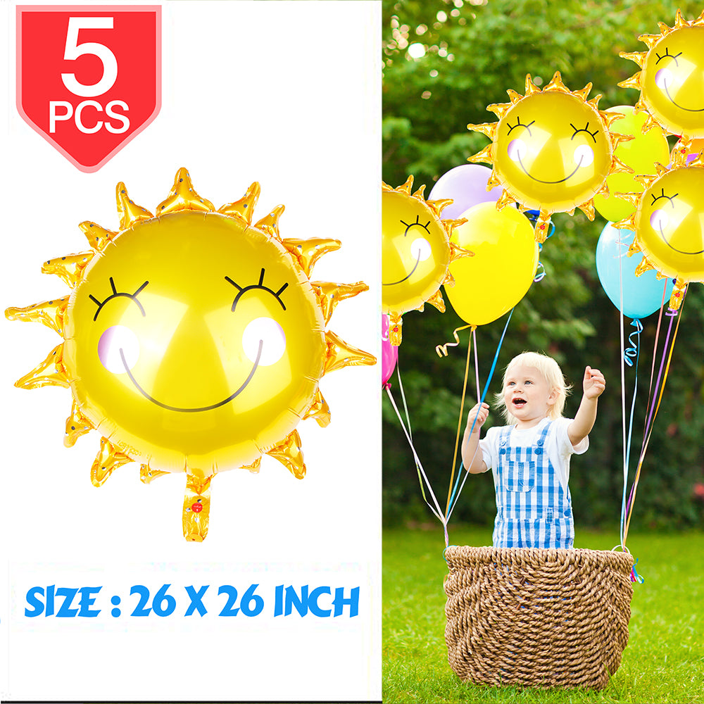 PROLOSO 26 inch Sunflower Foil Balloons Shiny Gold Sun Party Decoration, 5 Pcs