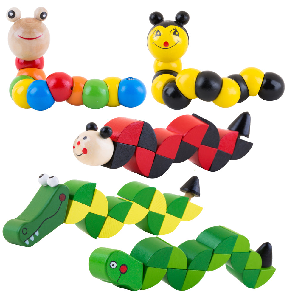 PROLOSO 5 Pack Wooden Wiggling Worms Twistable Animals Grasping Fidget