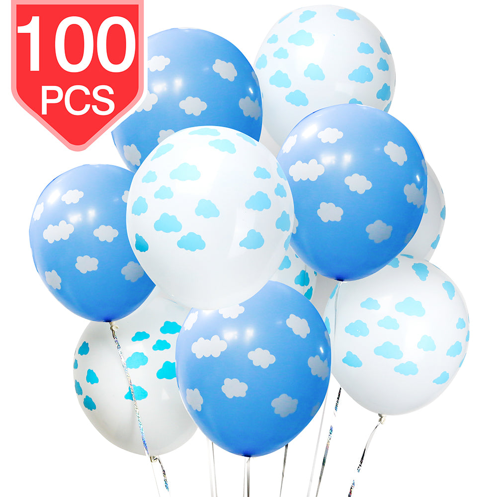 PROLOSO Blue & White Clouds Latex Balloons for Baby Shower Birthday Party Ceremony Decorations 100 Pcs