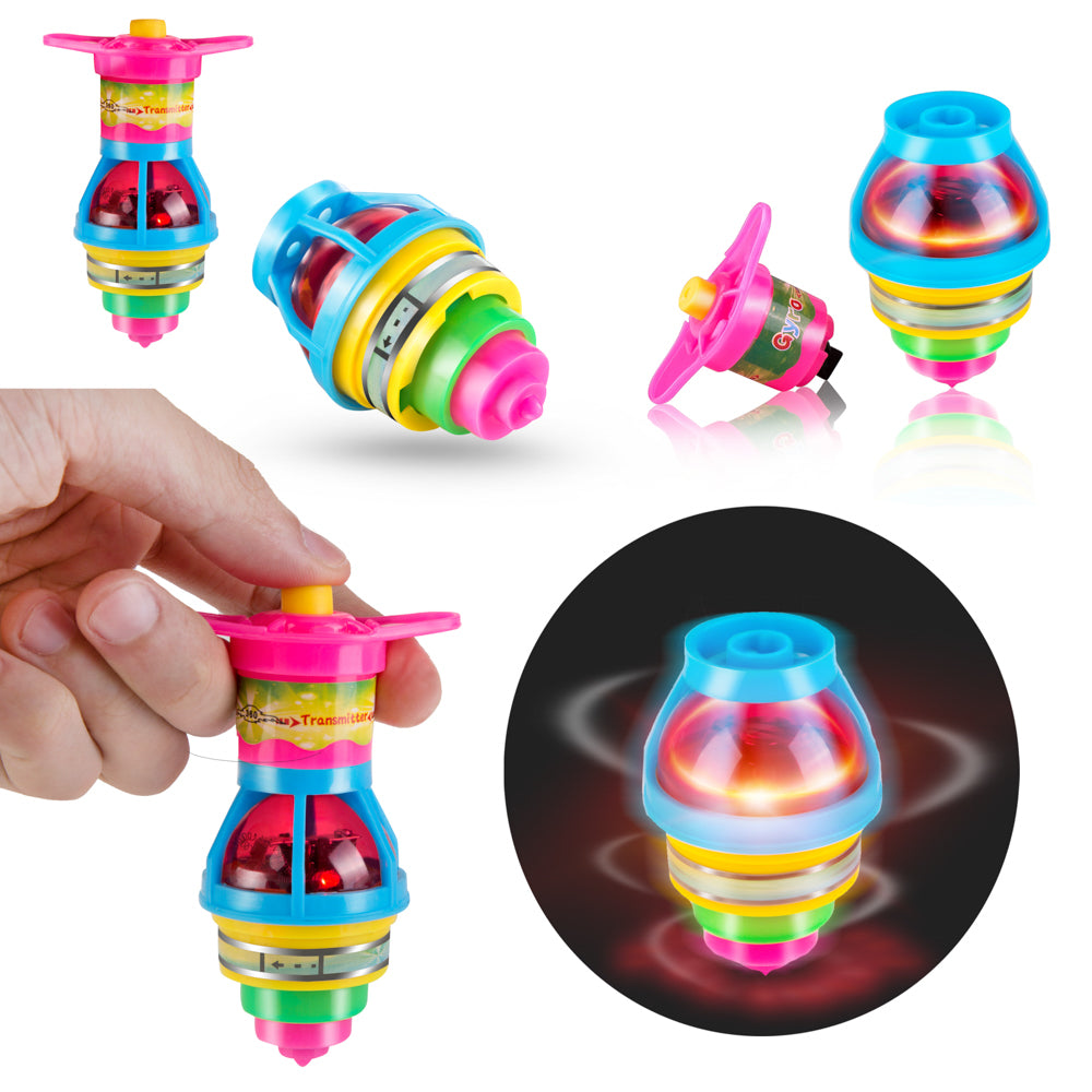 PROLOSO 15-Pack LED Light Up Flashing UFO Spinning Tops with Gyroscope Novelty Bulk Toys Party Favors