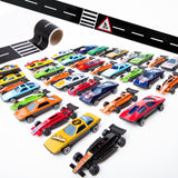 PROLOSO 50 Toy Cars Playset with Road Tapes Bend Stickers DIY Vehicle Tracks Early Learning