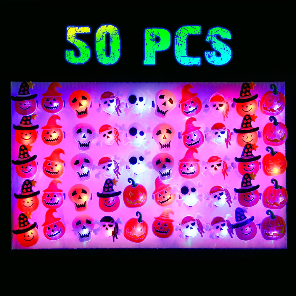 PROLOSO 50Pcs Halloween LED Flash Rings Light Up Party Favors Glow in The Dark Halloween Treats Cupcake Decoration