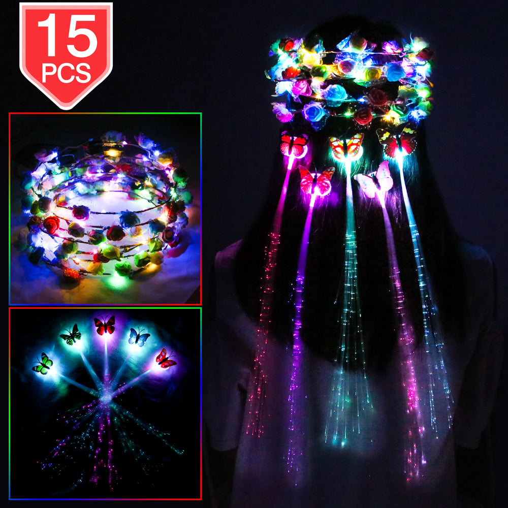 PROLOSO LED Lights Hair Flower Crown Set Light Up Foam Flower Wreath Headband Hair Barrettes Kit Glow in The Dark Headpiece Headdress Flash Braid Party Supplies 15 Pcs