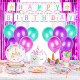 PROLOSO 142 Pcs Unicorn Theme Party Supplies Set (Serves 16 guests) with Disposable Tableware Cutlery, Headband, Happy Birthday Banner, Pink Foil Fringe Curtain and Balloons