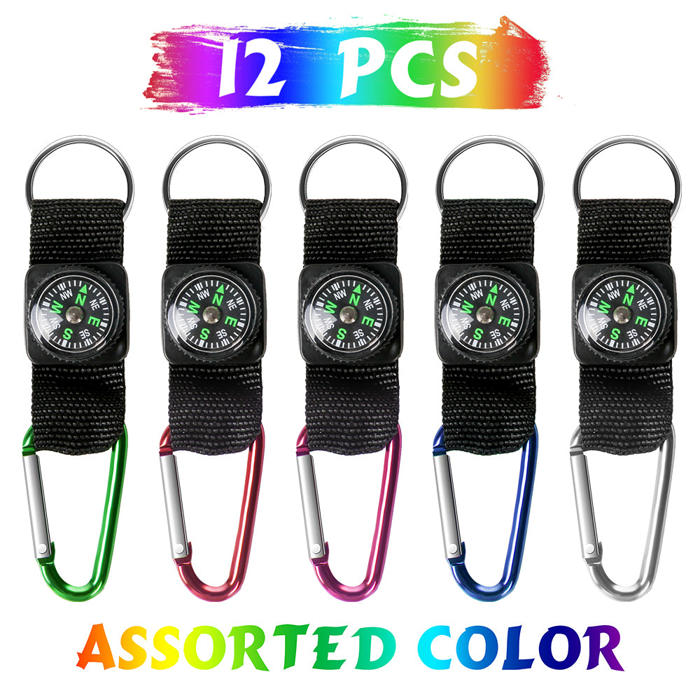 PROLOSO Carabiner Compass Keychain Belt Clips Party Favors Kids Scouts Gifts Outdoor Camping Accessories 12 Pcs