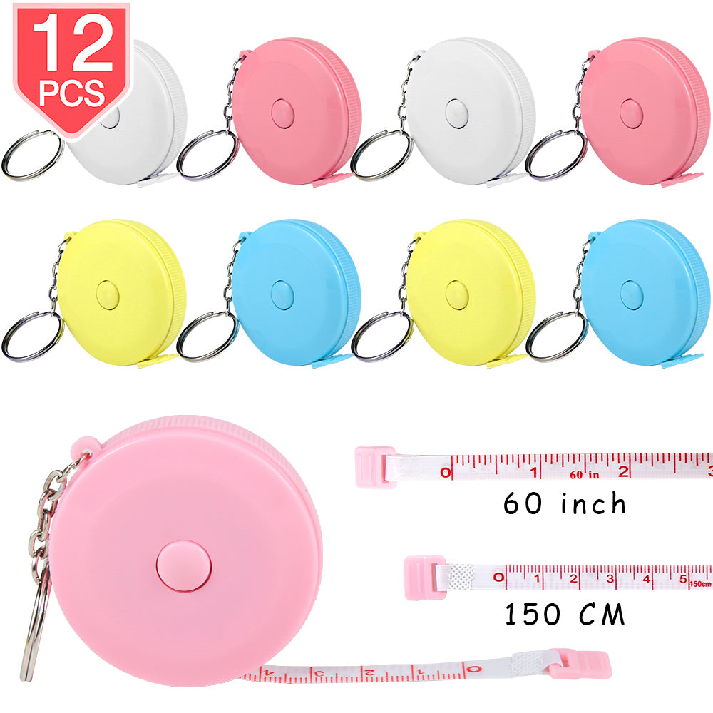 PROLOSO 12 Pcs Tape Measure Keychains with Slide Lock 150 cm 60 Inch Retractable Measuring Tapes Party Favors for Kids Adults